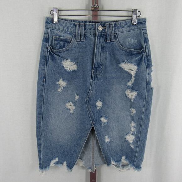 Vervet XS Distressed High-Waisted Skirt with Front Slit Knee Length Midi Frayed - Picture 1 of 6